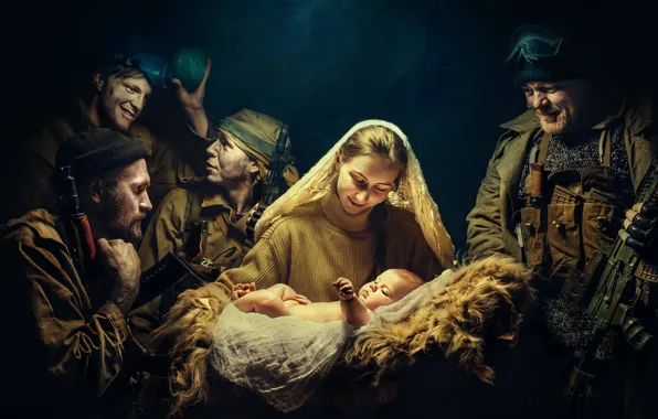 Картинка девушка, оружие, солдаты, ребёнок, Рождение новой жизни