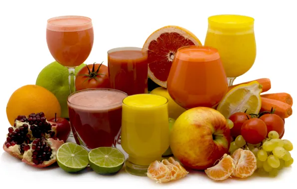Картинка свежесть, лимон, яблоко, апельсин, виноград, лайм, стаканы, помидор