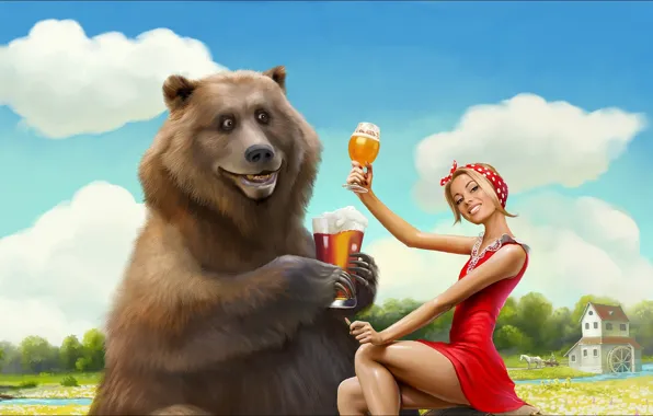 Картинка girl, Art, bear, beer, funny, picture, weekend, Situation