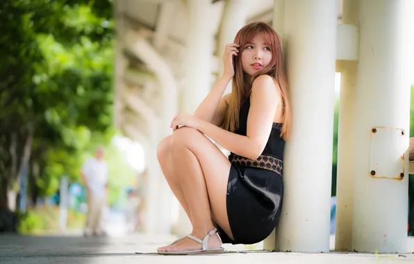 Ножки, азиатка, черное платье, милашка, красивая девушка, asian, cutie, сандали