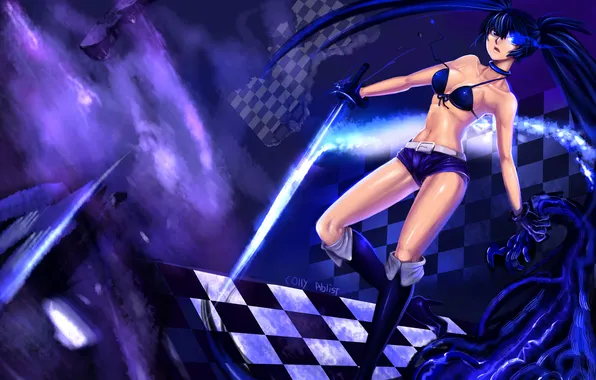 Девушка, шорты, меч, арт, black rock shooter, kuroi mato, colly ablist