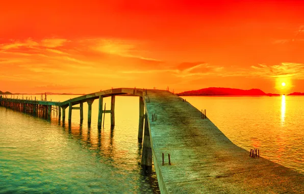 Закат, мост, красное, Панорама