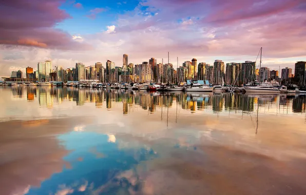 Картинка отражение, дома, яхты, лодки, Канада, Ванкувер, гавань, Стэнли Парк