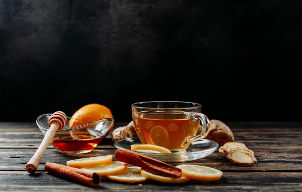 Чай, апельсины, чашка, мёд, корица, ложка для мёда