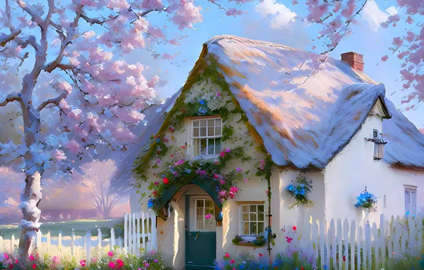 Крыша, свет, пейзаж, цветы, природа, уют, дом, синева