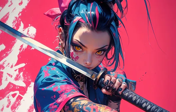 Girl, Katana, Pink Background, AI Art