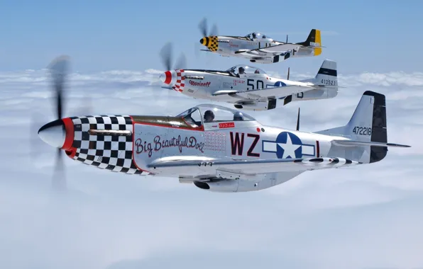 Небо, облака, самолет, Mustang, истребитель, пилот, летит, P-51