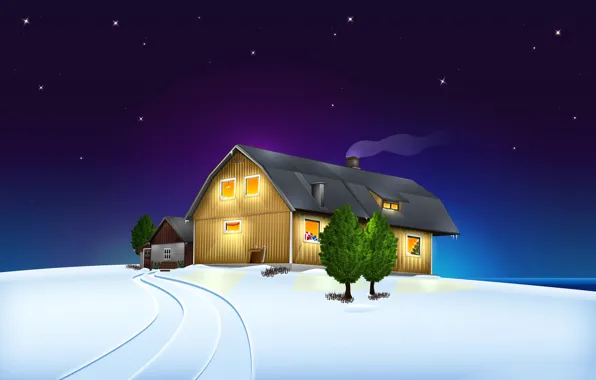 Картинка зима, небо, звезды, снег, пейзаж, ночь, дом, рождество