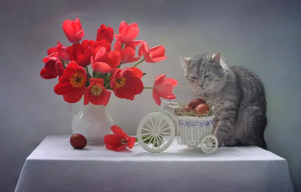 Картинка кот, цветы, фон, яйца, тюльпаны, корзинка, котейка, Светлана Ковалева