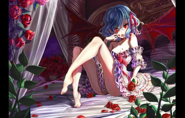 Красные глаза, на постели, красные розы, вампирша, кровь на губах, Touhou Project, Remilia Scarlet, щипы