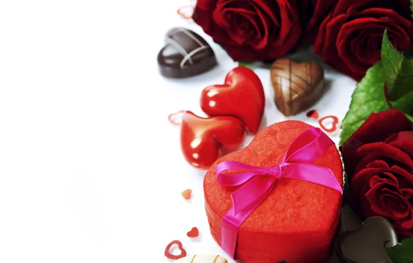 Подарок, романтика, сердце, розы, конфеты, бант, Valentine's Day, День Святого Валентина