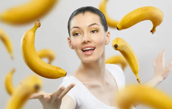 Картинка девушка, радость, бананы, шатенка, кареглазая