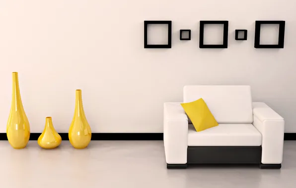 Картинка белый, желтый, яркий, дизайн, стиль, комната, диван, черный