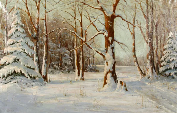 Картинка зима, лес, снег, деревья, пейзаж, елки, картина, Walter Moras