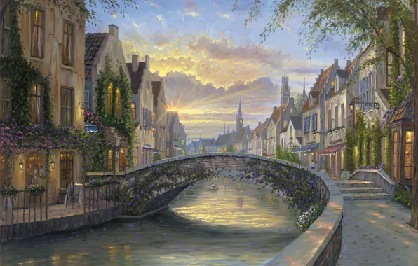 Закат, цветы, мост, река, дома, вечер, Бельгия, живопись