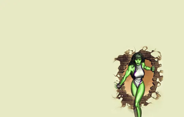 Картинка девушка, стена, минимализм, кирпич, дыра, зеленая, халк, marvel
