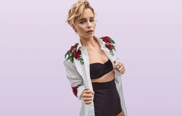 Взгляд, актриса, блондинка, рубашка, красивая, нижнее бельё, Emilia Clarke, Эмилия Кларк