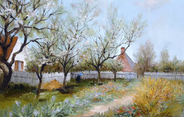 Пейзаж, дом, картина, двор, Марсель Диф, Весенний сад