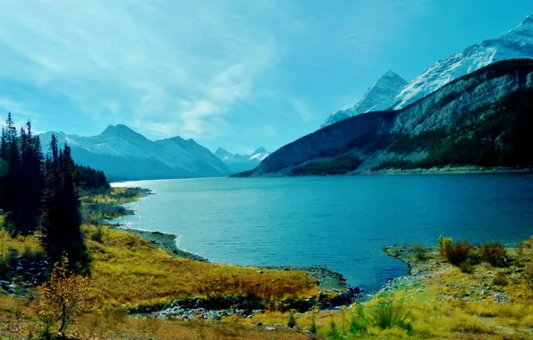 Картинка осень, небо, трава, облака, деревья, горы, озеро