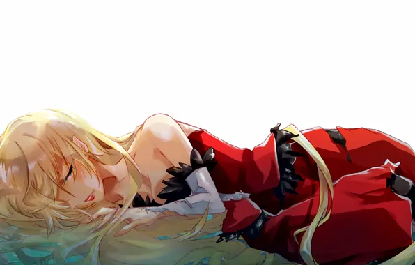 Картинка girl, long hair, dress, anime, blonde, lying, red dress, white background
