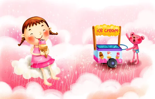 Картинка облака, радость, фантазия, рисунок, мороженое, девочка, косички, тележка