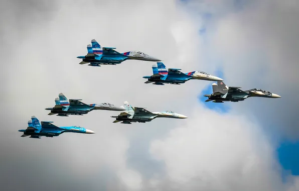 Картинка небо, истребители, Су-27, Соколы России
