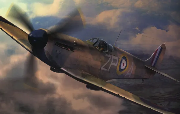 Картинка небо, облака, самолет, истребитель, пилот, британский, mk1, supermarine spitfire