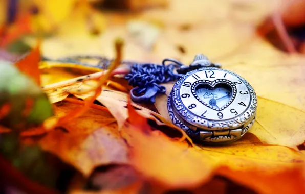 Картинка осень, листья, стрелки, сердце, часы, love, циферблат, heart