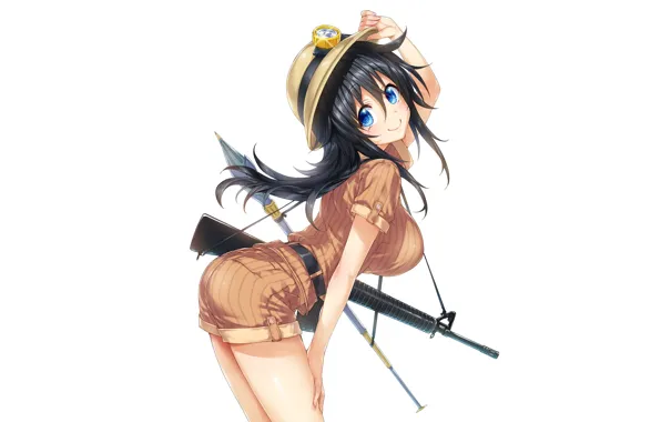 Картинка девушка, оружие, фон, голубые глаза, каска, длинные волосы, anime, art