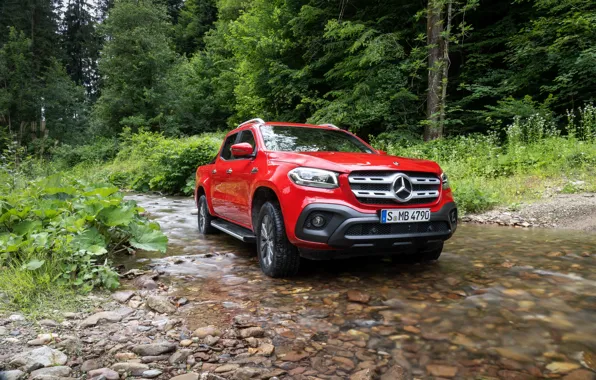 Картинка зелень, лес, красный, ручей, Mercedes-Benz, пикап, 2018, X-Class