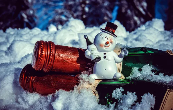 Снеговик, прикольный, пьяный, сувенир, тост, с праздником, сидя на шампанском