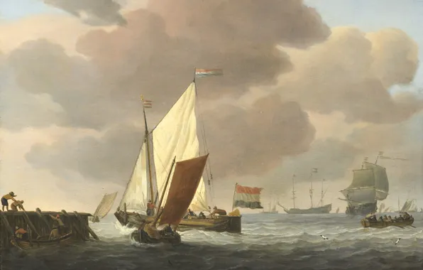 Картинка дерево, масло, картина, парус, морской пейзаж, Виллем ван де Велде Младший, Корабли у Берега. Свежий …