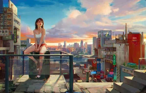 Облака, мечты, city, город, азиатка, clouds, blue sky, asian