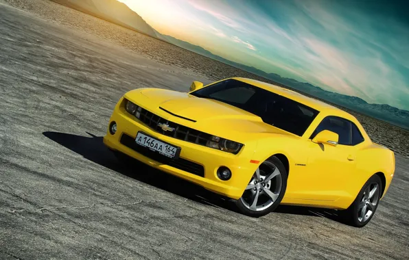 Картинка Didert, Car, Muscle, Camaro, Yellow, Sun, Sky, Chevrolet