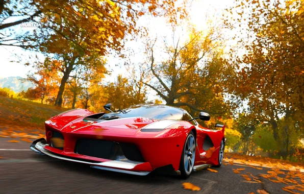 Дорога, машина, осень, листья, деревья, Феррари, листопад, Forza Horizon 4