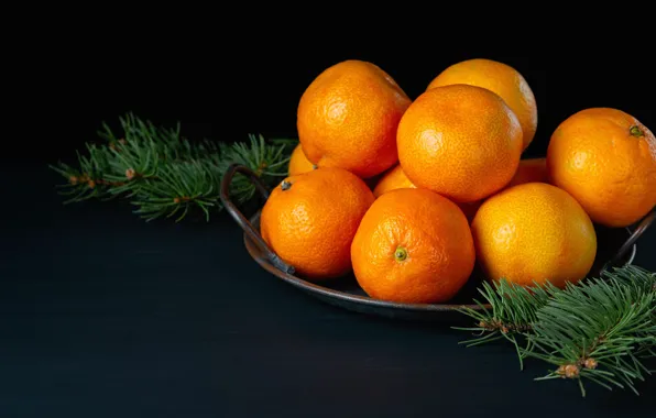 Ветки, доски, Рождество, Новый год, черный фон, хвоя, поднос, мандарины