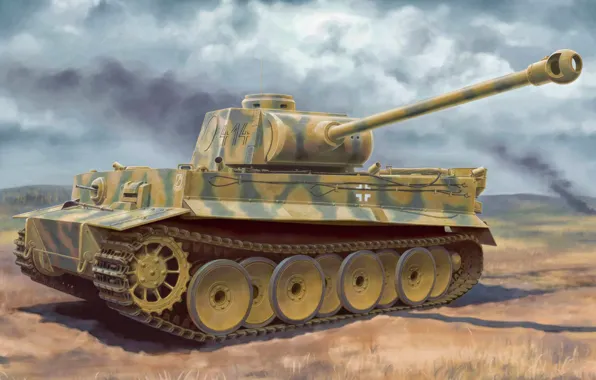 War, art, painting, tank, ww2, Tiger I Ausf.H2 7.5cm KwK 42