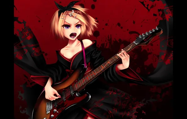 Брызги, кровь, гитара, черное, пятна, rock, кимоно, vocaloid