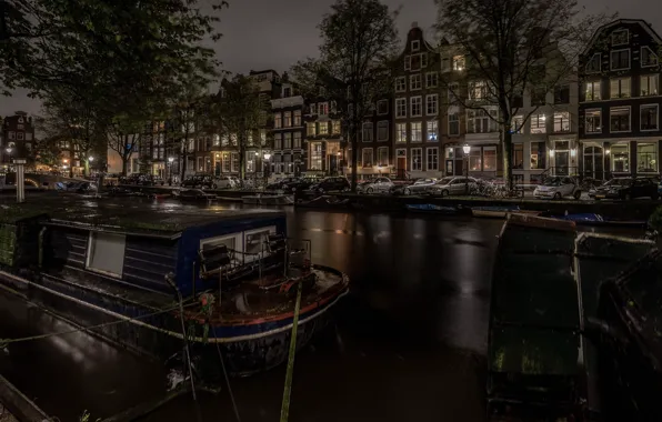 Картинка ночь, дома, Амстердам, Нидерланды