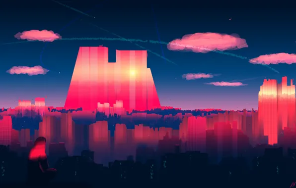 Закат, Небо, Отражение, Город, Человек, Вид, Небоскребы, City