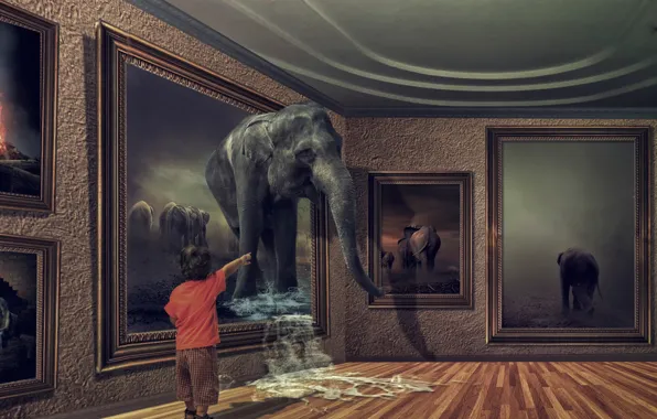 Картинка слон, картина, мальчик