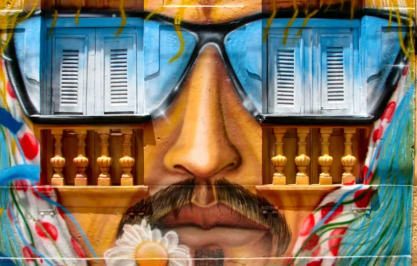 Картинка wall, graffiti, window, nose, mouth, flower art, whiskers, glasses Sun
