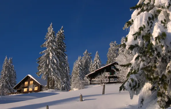Снег, деревья, горы, дом, дома, склон, заснежено