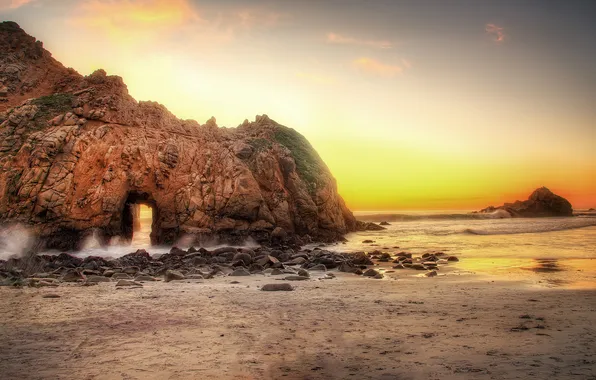 Картинка пляж, скала, океан, рассвет, USA, США, State California, Штат Калифорния