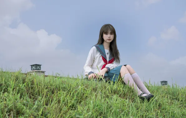 Sky, Grass, Beautiful, Asian, Model, Woman, Cloud, Cute