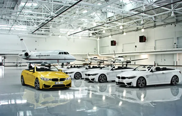 BMW, Cars, White, Yellow, Cabrio, Hangar, Plane