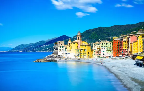 Море, пляж, берег, Италия, церковь, Italy, travel, Camogli