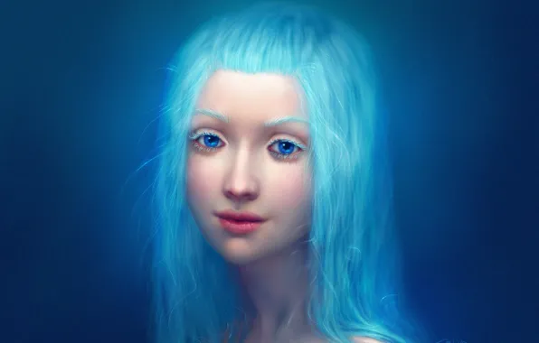 Картинка девушка, крупный план, лицо, губы, голубые глаза, длинные волосы, синие волосы, голубой фон