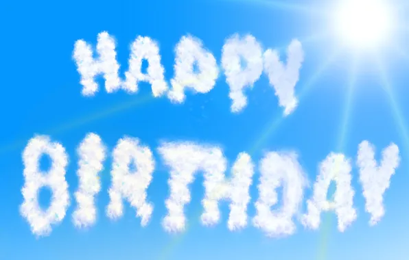 Картинка небо, солнце, облака, лучи, надпись, голубое, Happy Birthday, День Рождения