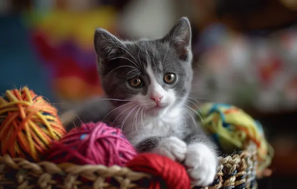 Кошка, взгляд, клубок, котенок, лапки, нитки, мордашка, корзинка
